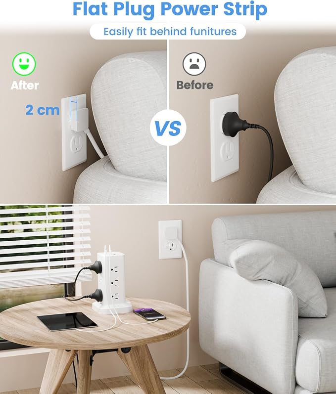 Power Strip Tower with Surge Protector 1800J, Fast Charging Tower PD20W USB-C Ports with 12 AC Outlets, Extension Cord for Home Office Dorm Room,10ft, White