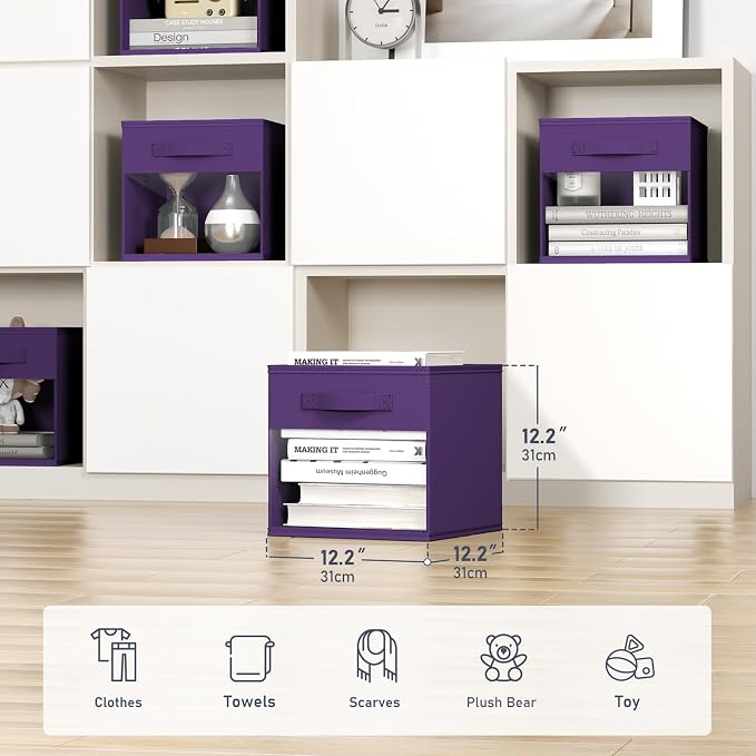 DIMJ Cube Bins, 12.2-Inch Storage Bins Cubes with Window, 6 Packs Collapsible Storage Bins with Handles, Closet Storage Baskets for Organizing Living Room, Office, 6 Pack,Purple