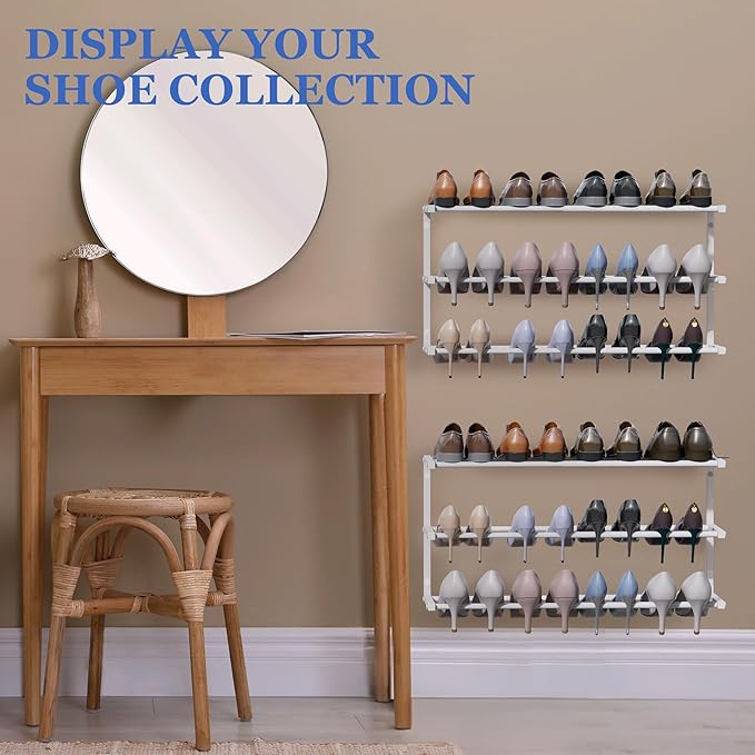3 Pack Wall Mounted Shoe Rack, 3 Tier Hanging Shoe Rack Holds 36 Pairs, 17"-30"Adjustable Heavy Duty Metal Shoe Organizer Holder with 6 Storage Hooks, Space Saving for Closet Entryway Doorway（White)