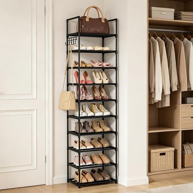 Narrow Shoe Rack 10 Tiers Tall Shoe Rack for Entryway Closet 20 24 Pairs Shoe & Boots Organizer Storage Shelf Durable Black Metal Stackable Shoe Cabinet with Hooks, 17.1D x 11.8W x 78.7H in
