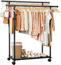 Sakugi Double Rods Clothes Rack - Metal Clothing Rack with Fixed Double Rods, Rolling Wheels & Built-In Shelf for Closet, Bedroom, Laundry Storage (45.6" x 17" x 61", Black)