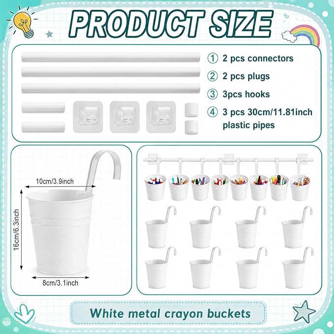 8 PCS White Metal Pencil Holder with Pipes Back to School Hanging Iron Small Pails Stationery Crayon Organizer First Day of School White Buckets Classroom Pencil Holder for Students Crafts Party Favor