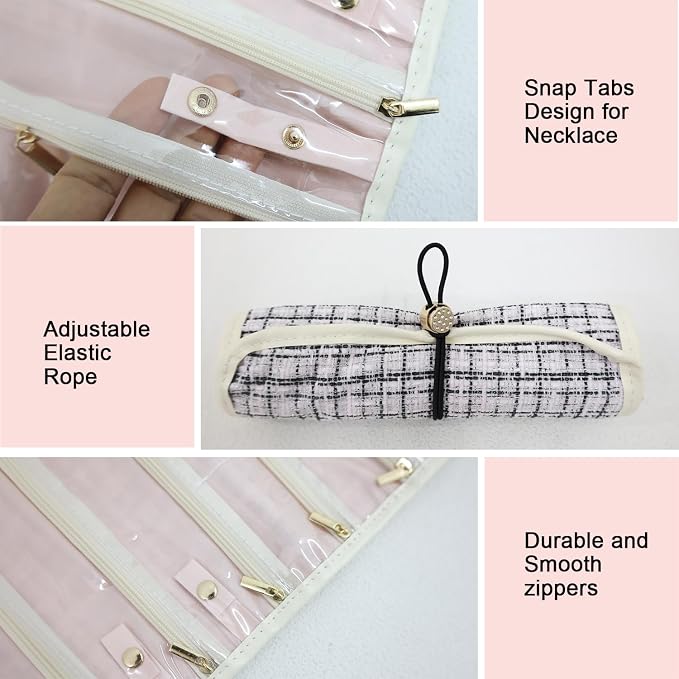 Jewelry Roll Travel Organizer, 20 Zippered Compartments with Double Lock, Tangle-Free Compact Roll Bag for Necklaces, Bracelets, Earrings, Rings (Black, White)