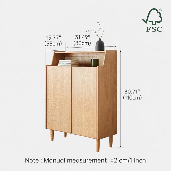 Solid Wood Shoe Cabinet with Doors, Shoe Storage Cabinet with 4-Tier Adjustable Shelves, Mid Century Modern Shoe Rack Cabinet for Entryway, Hallway, Oak Wood, 13.8" x 31.5" x 43.3" (Natural)