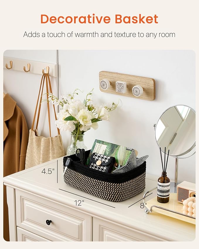 Small Woven Basket, 12 x 8 x 4.5 Inches, Storage Basket for Organizing, Cute Small Rope Shelf Closet Cube Storage Bins Baskets for Shelves, Dog Toy Gift Baskets Empty, 3 Pack Black & Brown
