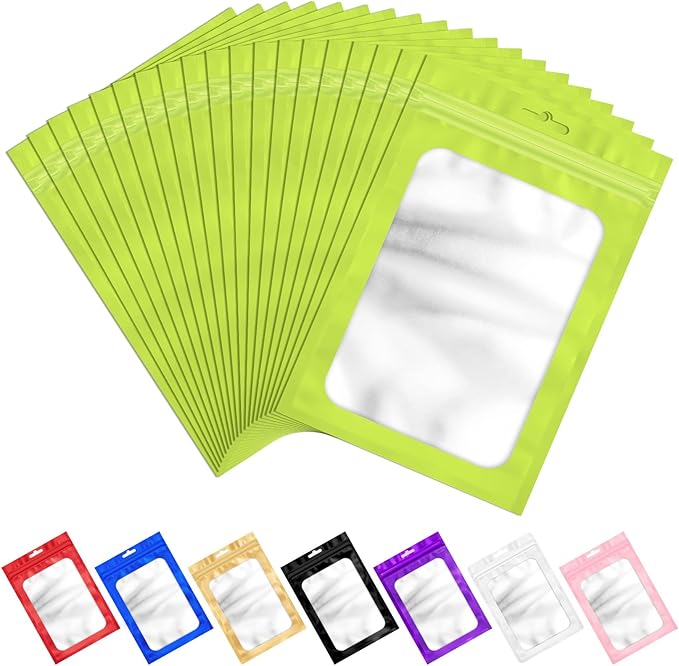 100 PCS Resealable Mylar Bags with Zipper and Frosted Clear Window Smell Proof Packaging Bags Foil Pouch Zipper Bag for Food Self Sealing Storage Supplies (Green, 3.14x5.11)