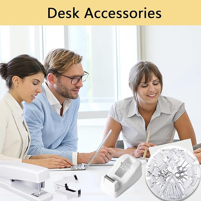 Office Supplies,Desk Accessories,Tape Holder,Stapler,Scissor,Staple Remover,Box of Binder Clips,Staples,Ballpoint Pen,Lndex Tabs,Clear Tape,Office Supplies Set(White)