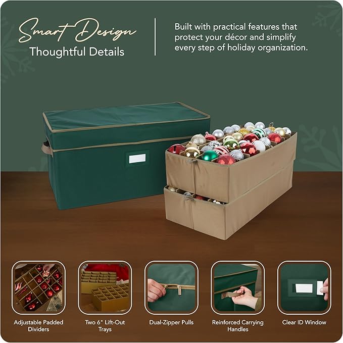 Covermates Keepsakes Adjustable Ornament Storage Box – Heavy-Duty Polyester, Padded Dividers & FlexGrid Trays – Protective Holiday Organizer with Stackable Walls & Label Window, Green