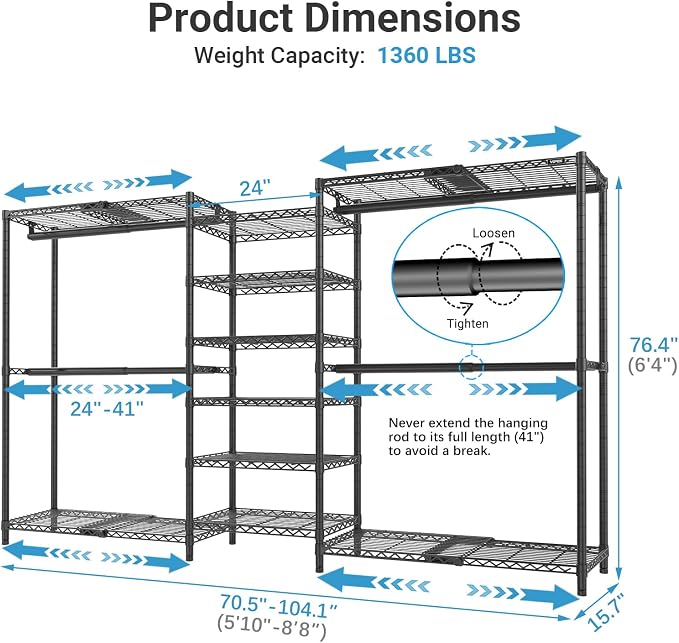 VIPEK X3 Plus Large Expandable Closet Rack Adjustable from 5'10" to 8'8" with Extendable Shelves and Hanger Rods, Freestanding Clothing Racks Modular Closet Systems Wardrobe, Max Load 1360LBS, Black