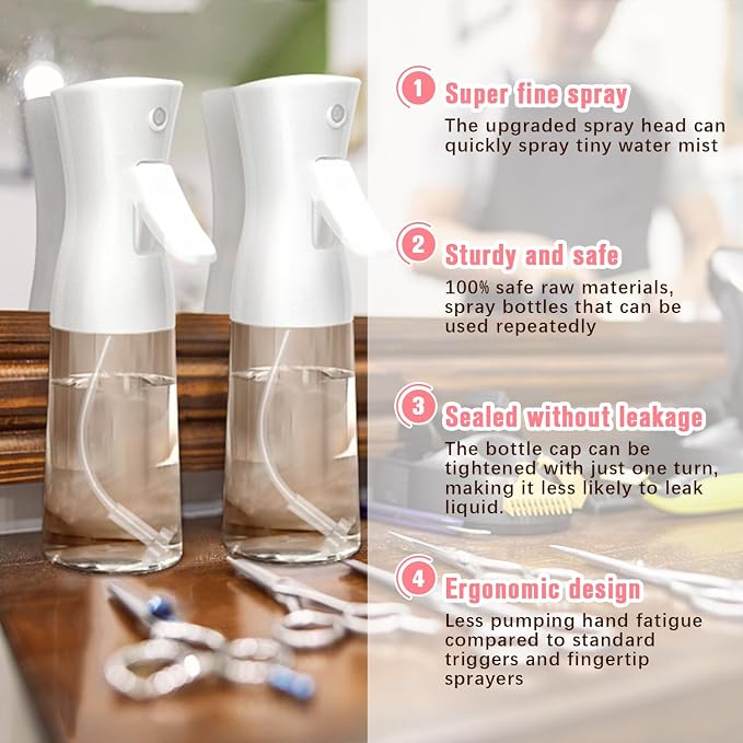 Continuous Spray Bottle,Hair Spray Bottle,Plants Water Spray Mist Bottle,Ultra-Fine Spray Bottle for Hair,Skincare, Plant Care, Pet Grooming, Cleaning,2 Pcs (6.8 oz White)-Christmas