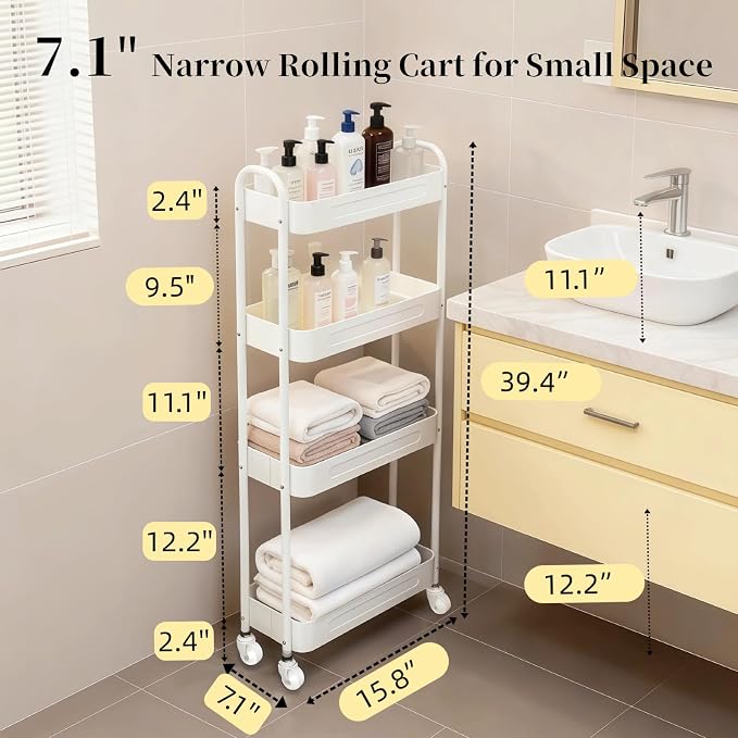 4 Tier Slim Kitchen Storage Cart for Narrow Space, 7.1'' Wide Metal Rolling cart with Wheels and Lockable Casters, Sturdy Mobile Thin Shelf for Laundry Room Between Washer and Dryer, White