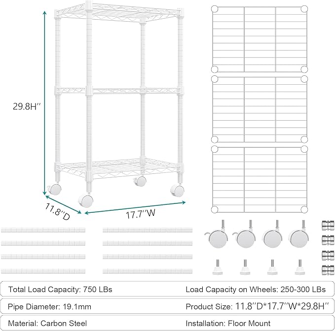 M MZG 3 Tier Shelf Metal Storage Shelves Wire Rack Closet Organizers with Wheel for Garage Kitchen Bathroom Laundry White 11.8" D x 17.7" W x 29.8" H