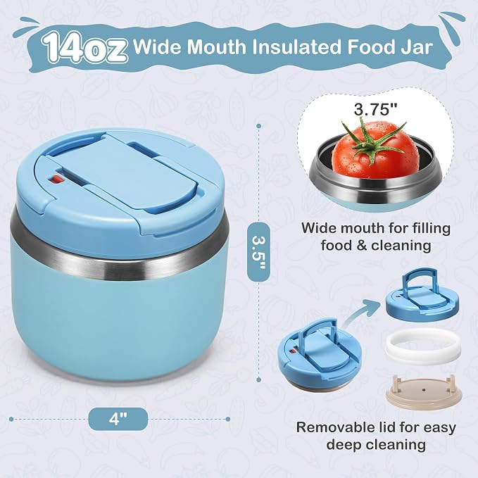 MAXSO 14oz Vacuum Insulated Food Jar with Spoon Buckle Lid, Kids Soup Thermo for Hot Food Wide Mouth Leakproof Stainless Steel Lunch Container - Sky Blue