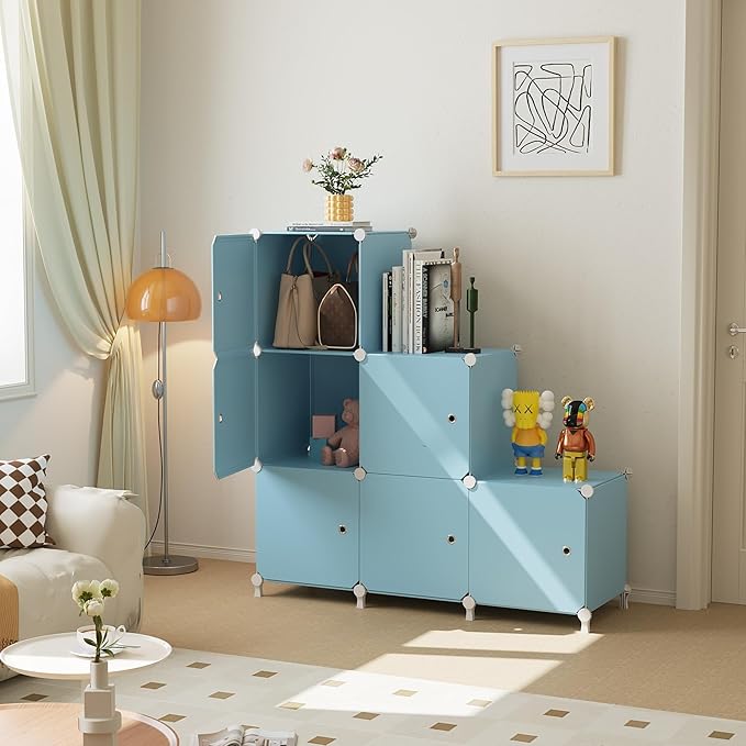 Cube Storage Organizer, 6-Cube Shelves Unit with Doors, DIY Stackable Plastic Clothes Organizer for Bedroom and Under Stairs Storage Unit, Each Compartment 30 x 30 x 30 cm Blue ATTSL6005