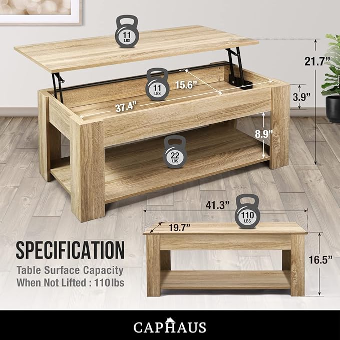 CAPHAUS Lift Top Coffee Table w/Storage, Storage Coffee Table w/Lift Top for Living Room, Rising Tabletop Coffee Table w/Hidden Compartment, Coffee Table w/Bottom Open Shelf, 41" Natural Oak