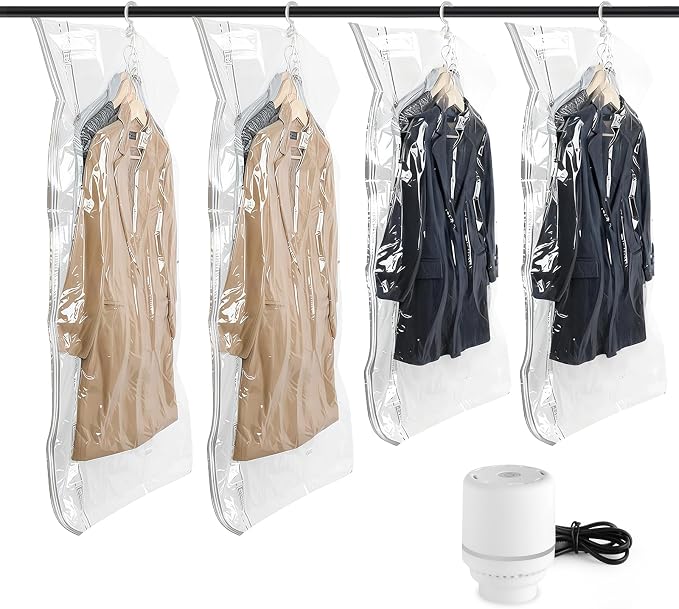 Flintronic Hanging Vacuum Storage Bags, 4pcs(2 Long 135x70CM & 2 Short 110x70CM) Vacuum Compression Zipper Storage Bags, with Electric Pump, for Clothes, Suits, Dresses, Coats or Jackets