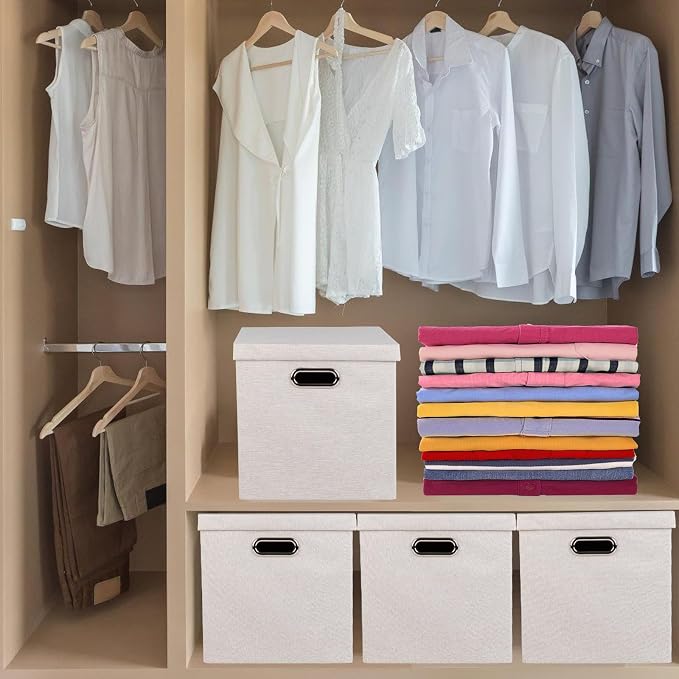 Storage Bins with Lids, Collapsible Linen Fabric Boxes Organizer Containers with Lid Foldable Storage Box Basket for Closet, Shelves, Home, Office, 12 x 12 x 12.4 Inch, 4 Pack, Beige