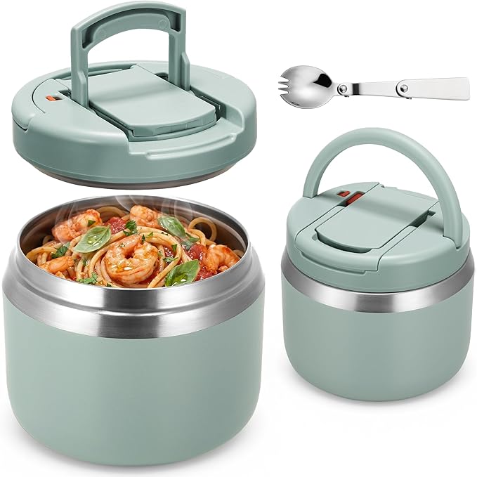 MAXSO 14oz Vacuum Insulated Food Jar with Spoon Buckle Lid, Kids Soup Thermo for Hot Food Wide Mouth Leakproof Stainless Steel Lunch Container - Green