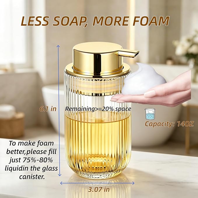 Glass Foaming Soap Dispenser Refillable Foaming Hand Soap Dispenser with Gold Large Pump Wide Opening for Bathroom Kitchen Countertop Modern Home Decor with Elegant Pattern - Clear,415ml