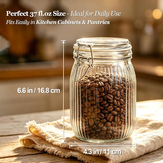 ComSaf Ribbed Glass Pantry Jars with Airtight Lids 34 oz 3 Pack Coffee | Flour sugar coffee beans, Fermenting pickling, Farmhouse pantry decor, Kitchen storage, Dry food storage, Sourdough starter