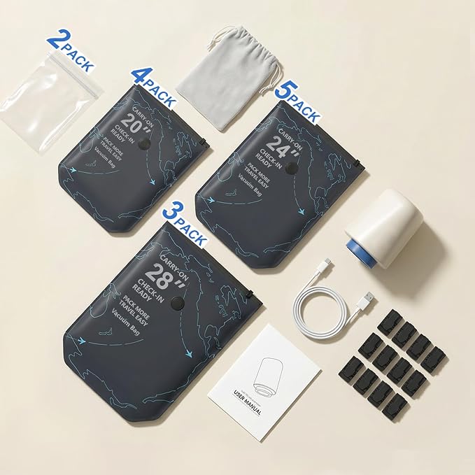 12 Pack Vacuum Seal Bags for Clothing Travel with Electric Pump (3 Large 28", 5 Medium 24", 4 Small 20") Heavy Duty 0.08mm Travel Vacuum Bags for Luggage & Moving, Reclaim 80% Space