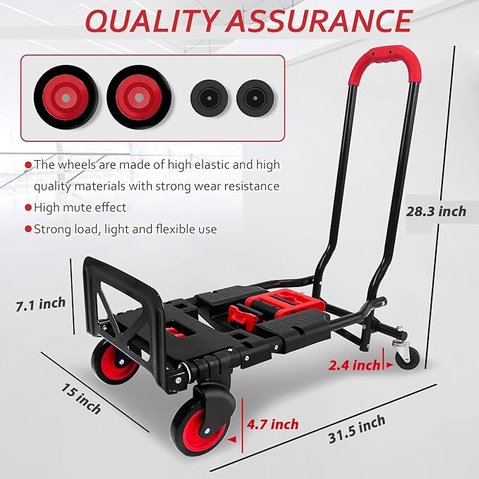 Folding Hand Truck, Portable Dolly Cart with Rubber Wheels and Retractable Handle, 2 in 1 Design 330lbs Capacity Hand Cart Foldable for Transportation/Luggage/Mobile/Travel/Office Use