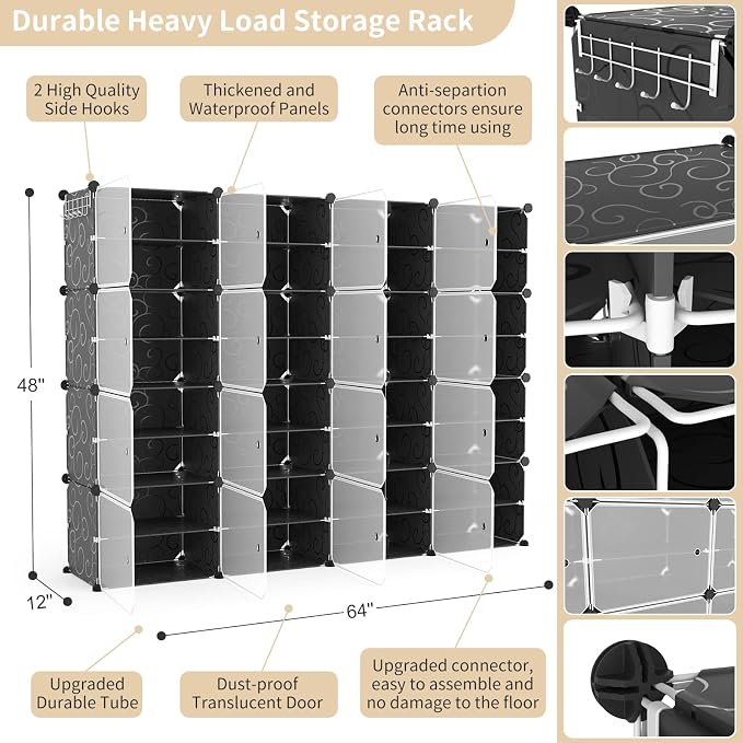Portable Shoe Rack with Door, 64 Pairs Cabinet Easy Assembly, Plastic Adjustable Shoe Storage Organizer Stackable Detachable Free Standing DIY Expandable 8 Tier Black