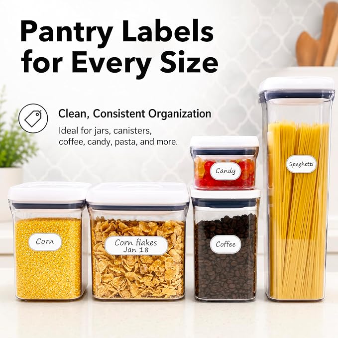 CHUBBIEE Waterproof Vinyl Kitchen Labels for OXO POP Containers, Removable Writable Food Storage Stickers, Tear-Resistant Pantry Organization Decals for Plastic, Glass Jars, 2 Sizes, 64-Pack