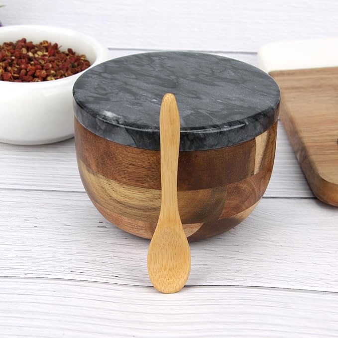 Wooden Salt Cellar Box with Marble Lid & Spoon, Modern Black Stone Salt or Pepper Sugar Spice Seasoning Bowl Container Jar Holder Well Keeper Dish Pig Crock for Kitchen