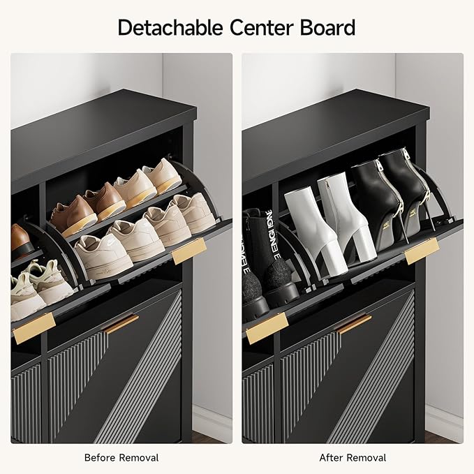 Shoe Cabinet with 4 Flip Drawers & Symmetric Groove Pattern for Entryway | 44.5''W x 9.2''D x 39.4'' Black Fit for 16-24 Pairs of Shoes Slim Narrow Hidden Shoe Storage Cabinet for Hallway Living Room
