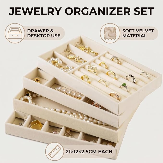 Stackable Jewelry Organizer Trays for Drawer, Set of 4 Velvet Jewelry Drawer Inserts in Dresser, 8in Storage Display Case for Rings Stud Necklaces Accessories(Beige)
