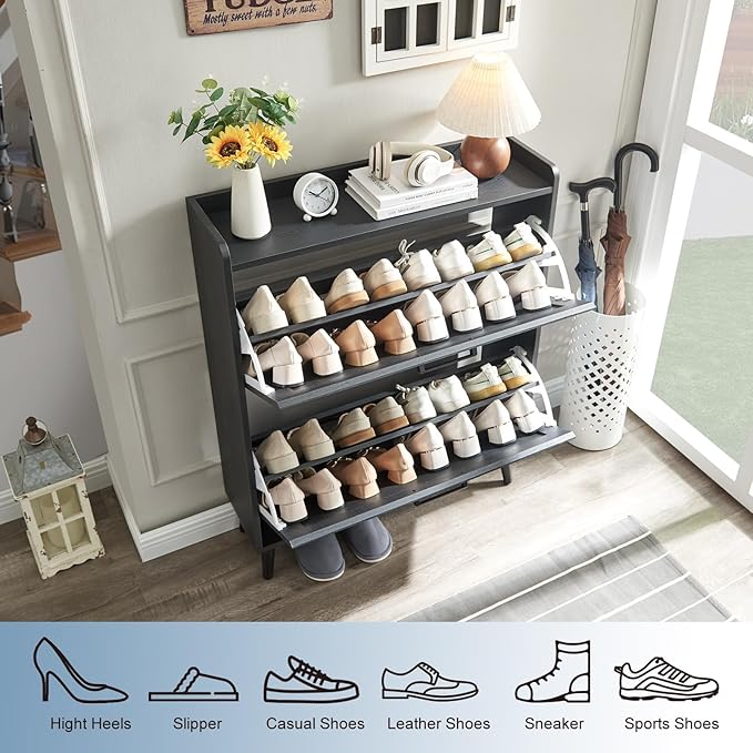 Barnyatoh Shoe Storage Cabinet with 2 Flip Drawers, Farmhouse Hidden Shoe Organizer, Narrow Slim Shoe Rack Cabinet for Entryway Hallway,Black