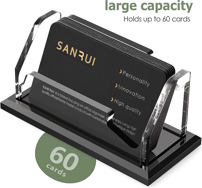 SANRUI Acrylic Business Card Holder, Black Business Cards Display Stand for Desk, Clear Horizontal 1 Slot Desktop Organizer, 60 Card Capacity