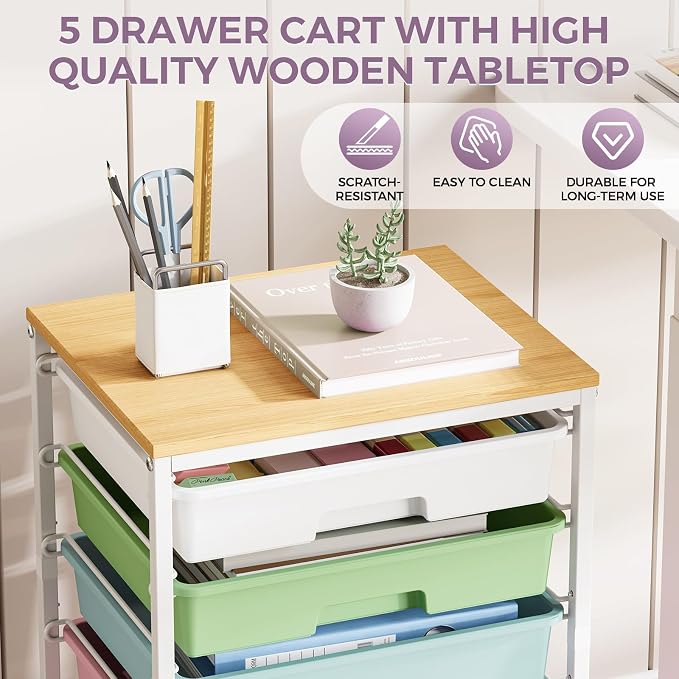 SYKIARIOL 5-Tier Rolling Utility Storage Drawer Craft Cart on Wheels with Wooden Tabletop, Mobile Craft Storage Drawer Cart Trolley for Home Office, Classroom, Craft Room & Kid Room, Ice Cream