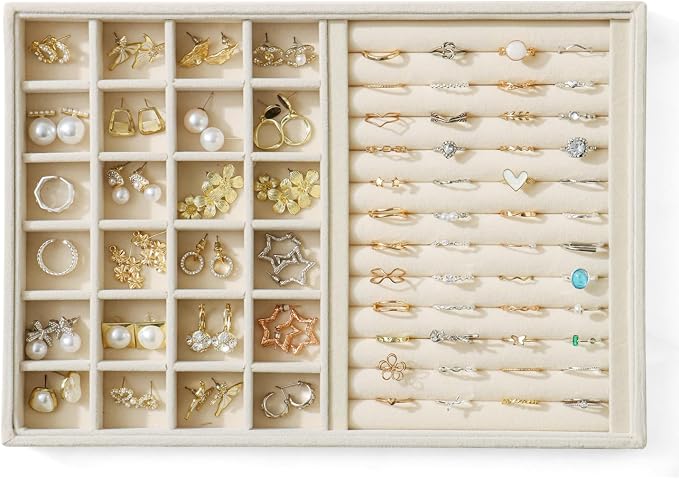 Large Jewelry Organizer for Drawer Insert Velvet Stackable Jewelry Trays for Earring Necklace Bracelet Ring Display (Beige, Ring and 24 Grids)