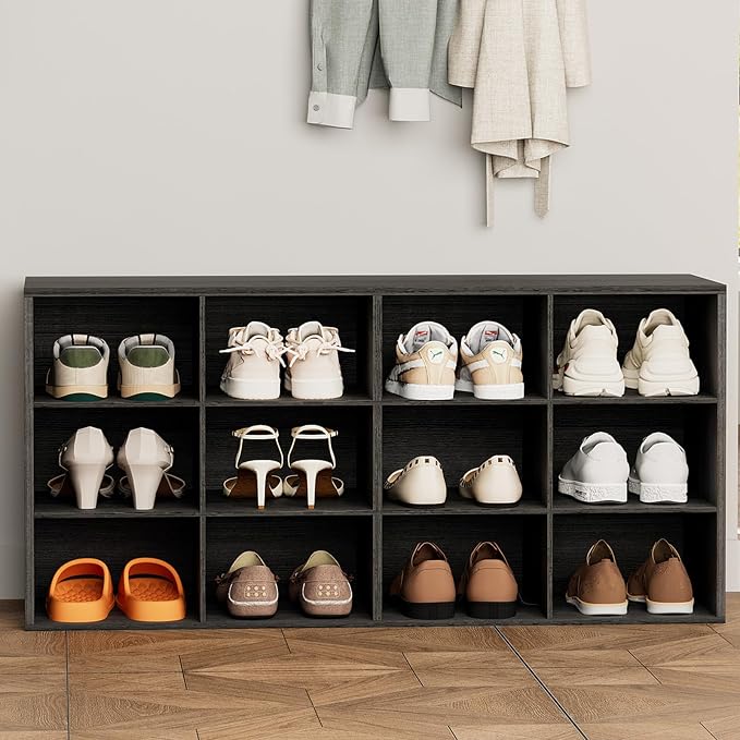 Aenuert 12-Cubby Shoe Rack, 3-Tier Wood Shoe Organizer, Multifunctional Shoe Organizer Bench for Entryway, Mudroom, Hallway, Closet,36.22 * 11.81 * 17.72 Inch,Black
