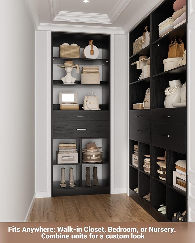 Besiost 22" Closet System with Drawers, 1.85 FT Small Closet Organizer for Walk in Closet, Bedroom & Nursery, Wardrobe Storage Unit with Storage and Shelves, Enclosed Storage Volume 2.58 ft³, Black