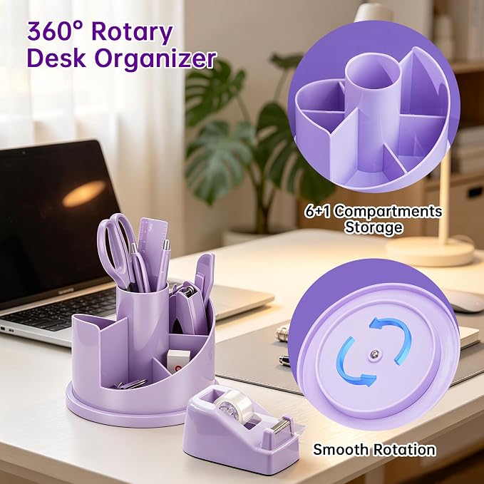 deli Office Supplies Set, Purple Desk Accessory Organizer Kit, Stapler Set, Rotating Multi-Functional Pen Holder, Tape Dispenser, Pens, Binder Clips, Sharpener, Scissor, Eraser, Purple Office Supplies