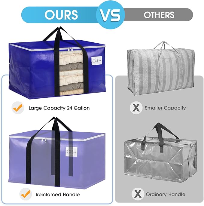 BlissTotes 2 Pack Moving Bags with Clear Window, Storage Bags with Strong Carrying Handles & Zippers,Large Packing Bags for Saving Space, Alternative to Moving Boxes(Blue,24 Gallon)