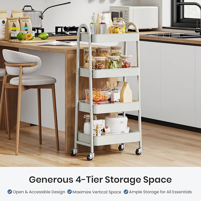 DUMOS 4 Tiers Rolling Utility Cart, Storage Organizer, Shelving Unit | Metal, Lockable Wheels, Mobile, Kitchen, Bathroom, Laundry, Narrow Places, White