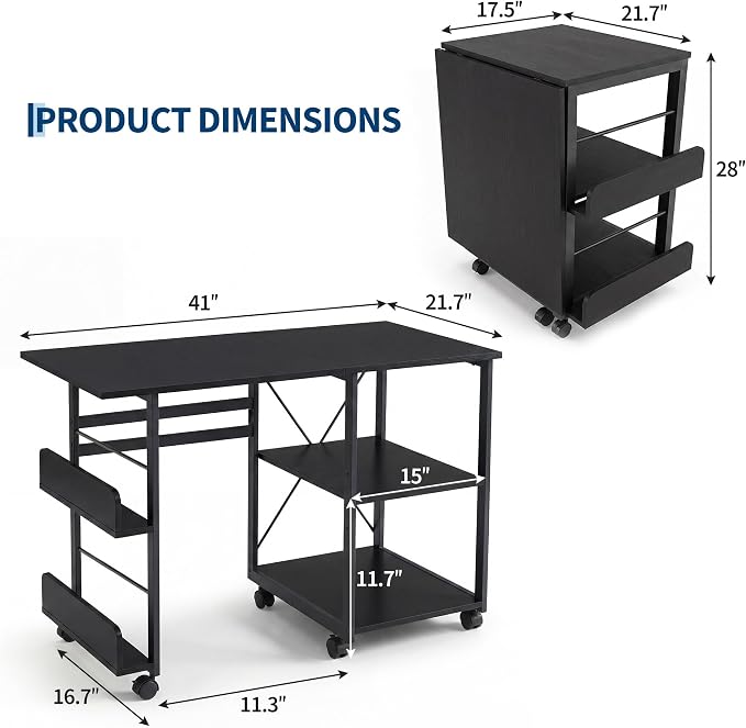 Garvee Folding Desk with Wheels, 31.5" Foldable Computer Desk with Storage Shelf, Space Saving Rolling Home Office Desk for Small Spaces, Portable Writing Table with Side Organizer, Black