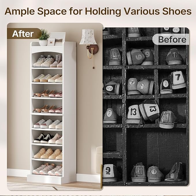 YATINEY 9-Tier Tall Shoe Rack, Wooden Shoe Storage Organizer, Narrow Shoe Cabinet with Removable Shelves for Small Spaces, Holds 18 Pairs of Shoes, for Entrance, Hallway, White SS22WT