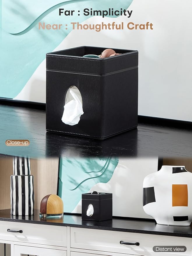 Tissue Box Holder Cover, Modern PU Leather Square Decorative Tissue Holder Organizer-Woven New Off White