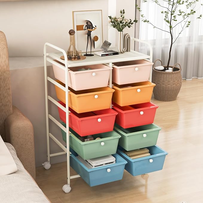 COSTWAY 10 Drawer Rolling Storage Cart, Utility Cart with Lockable Wheels | Mobile Art Supply Craft Organizer with Metal Frame, Multipurpose Drawer Cart for Paper for Office, School, Macaron