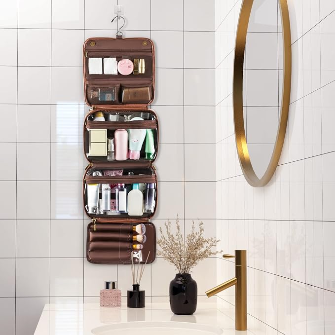 Elviros Hanging Toiletry Bag Removable Travel Bag PU leather Makeup Cosmetic Organizer Kit, Dark Brown | Removable Travel Organizer Bag for Cosmetics, Toiletries, Makeup Tools, and Daily Essentials with Easy Carry Design
