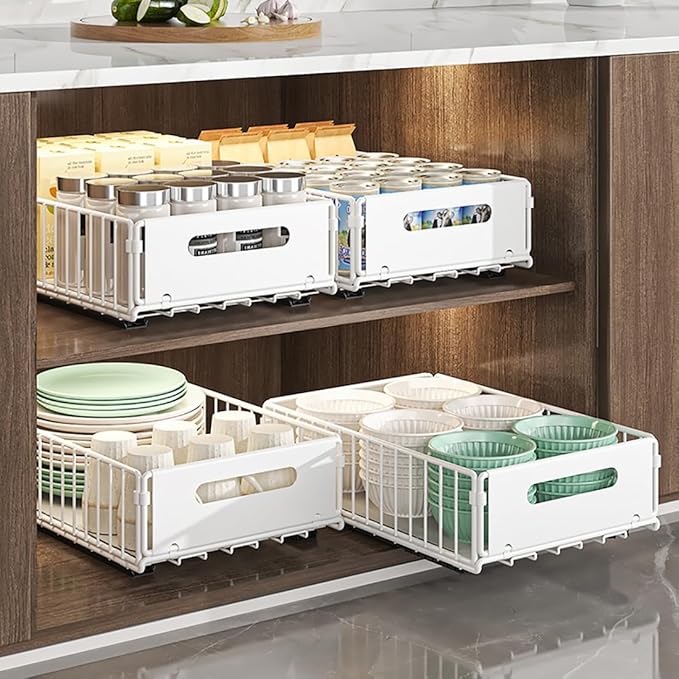 YunNasi Pull Out Cabinet Organizer Slide Out Drawer Storage Shelves Cupboard Organiser Sliding Cabinet Basket for Kitchen No Drilling and Nailing (White, 2Piece 9.8" W X 15" D X 3.9" H)