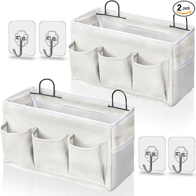 Kanrichu Wall Hanging Organizer Bag, 2-Pack Linen Storage Baskets with Pockets, WallHanging Storage Basket for Bedroom, Kitchen, Office, RV Camper (White-2pcs)