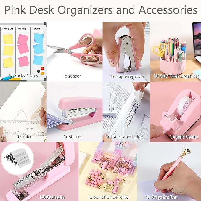 suniya Office Supplies,Desk Accessories,with Stapler,Tape Dispenser,Staple Remover,Scissor,Ballpoint Pen,Sticky Notes,Clear Tape,Staples,Desk Organizer,Ruler,Binder,Best Gift Set(Purple)