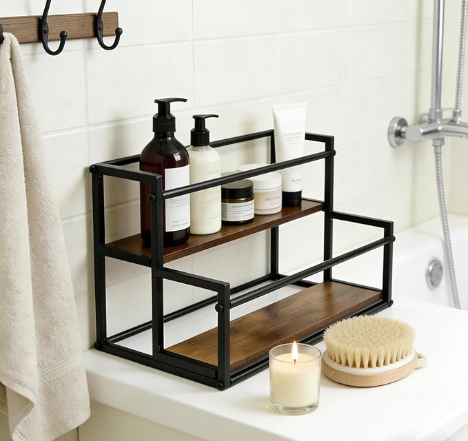 Coffee Syrup Rack Organizer -2 Tier 10 Syrup Bottles Holder Stand for Coffee Bar Kitchen Countertop,Stepped Display Shelf for Spices, Jars, Dressing Freestanding Storage Shelves Rustic Small Wine Rack