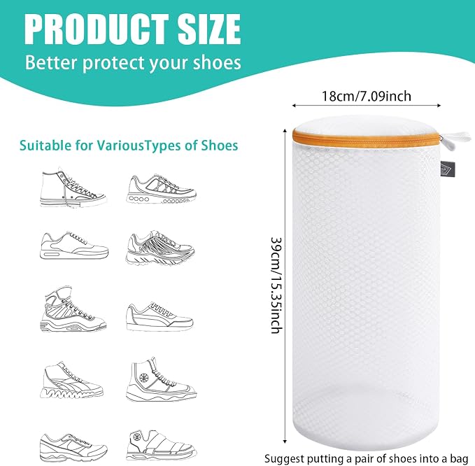 Kimmama Shoe Washing Machine Bag, Shoe Cleaning Bag, Orange Zipper, 7x15", 2Pack